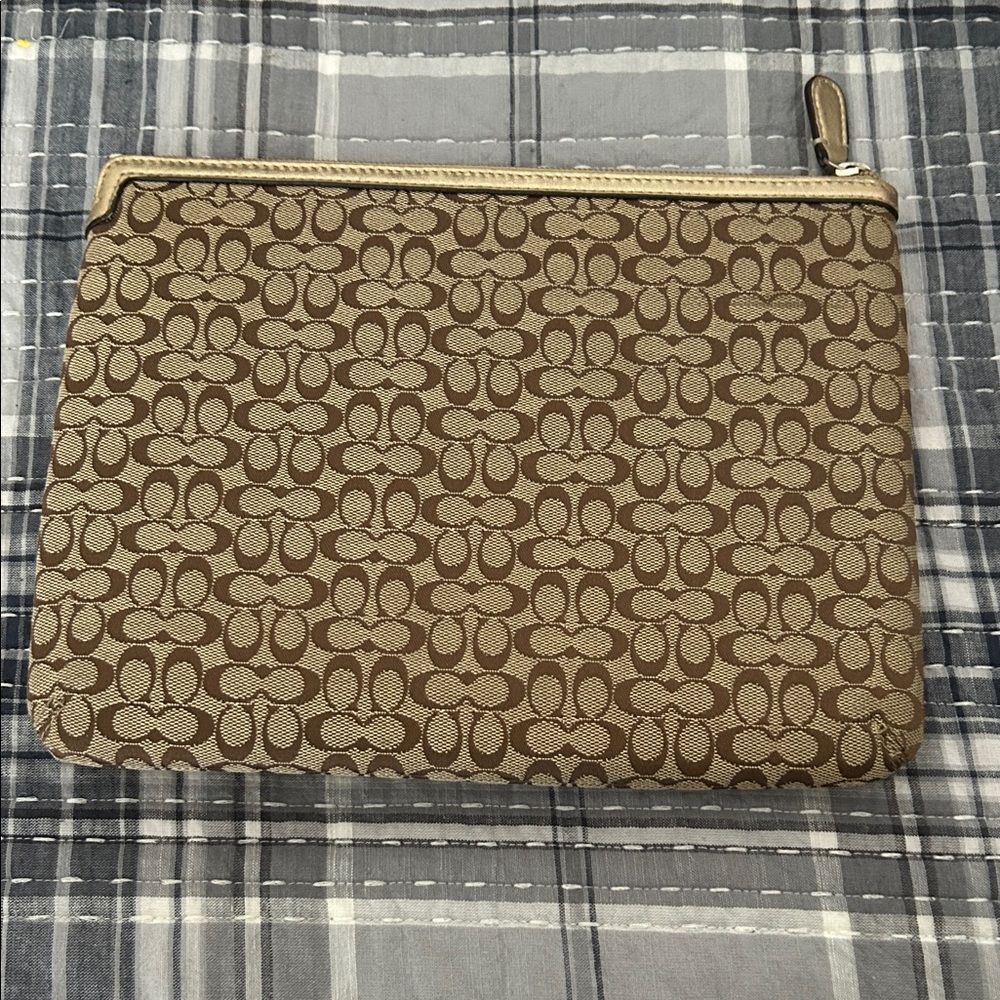 Coach Brown Signature Canvas Zip Pouch for IPad with Gold-Tone Trim
